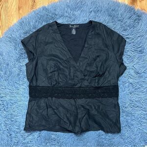 Vintage Mercer & Madison Black Linen Faux Wrap Lace Blouse Size 16W